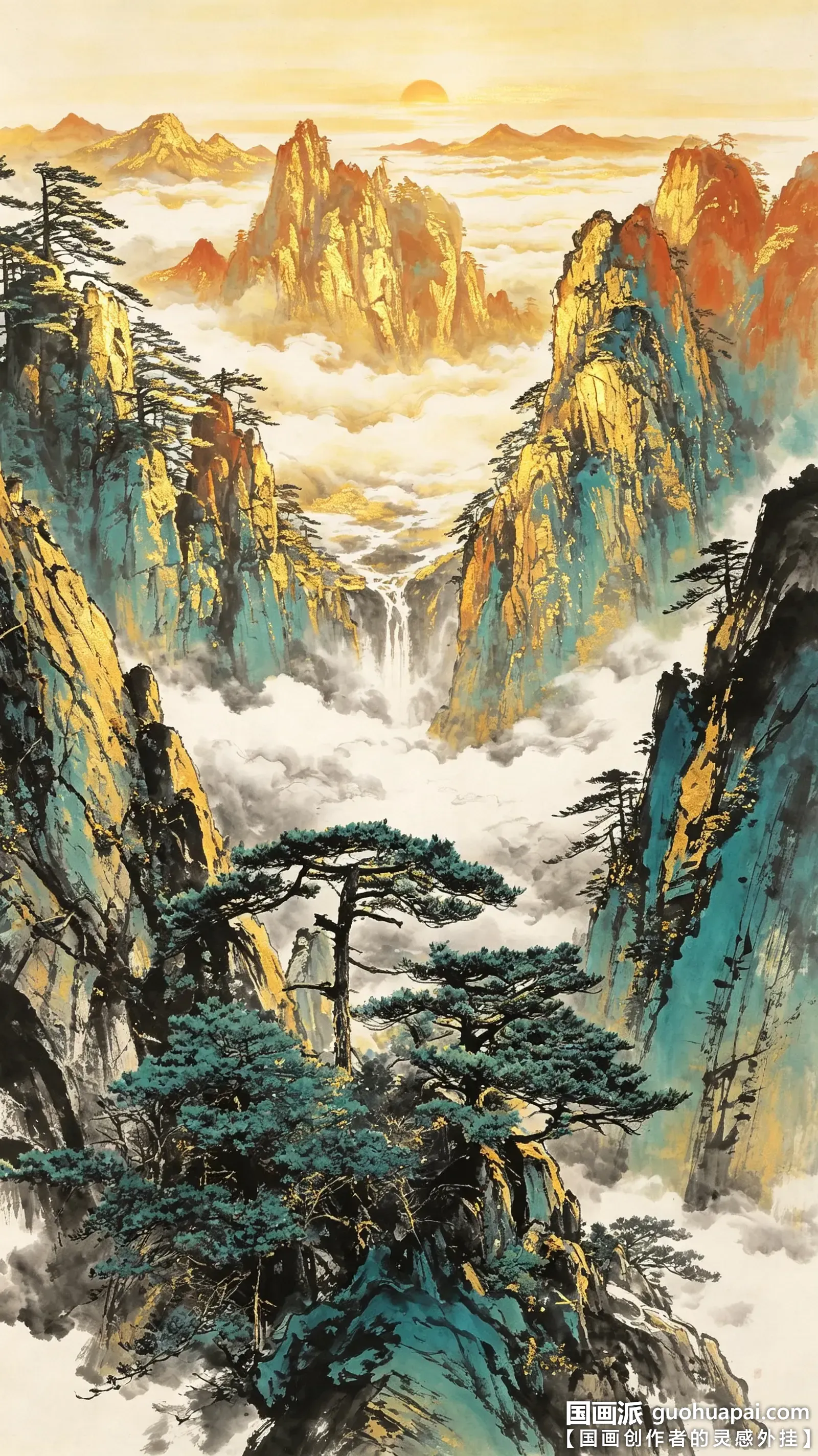 国画黄山-黄山迎客松-黄山云海-水墨画-重彩山水画-金碧山水-竖版