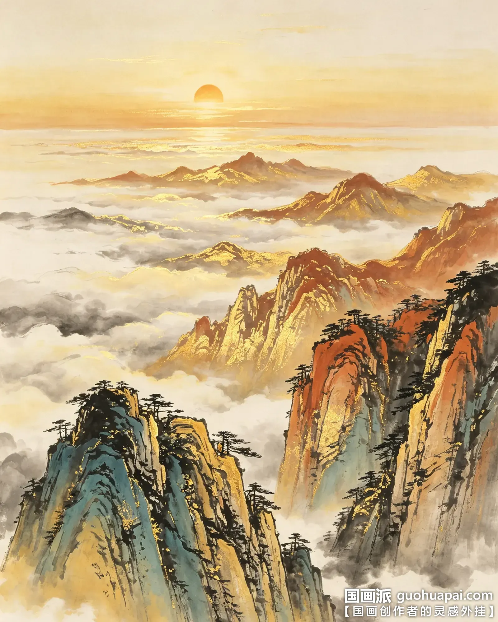 国画黄山-黄山迎客松-黄山云海-水墨画-重彩山水画-金碧山水-竖版