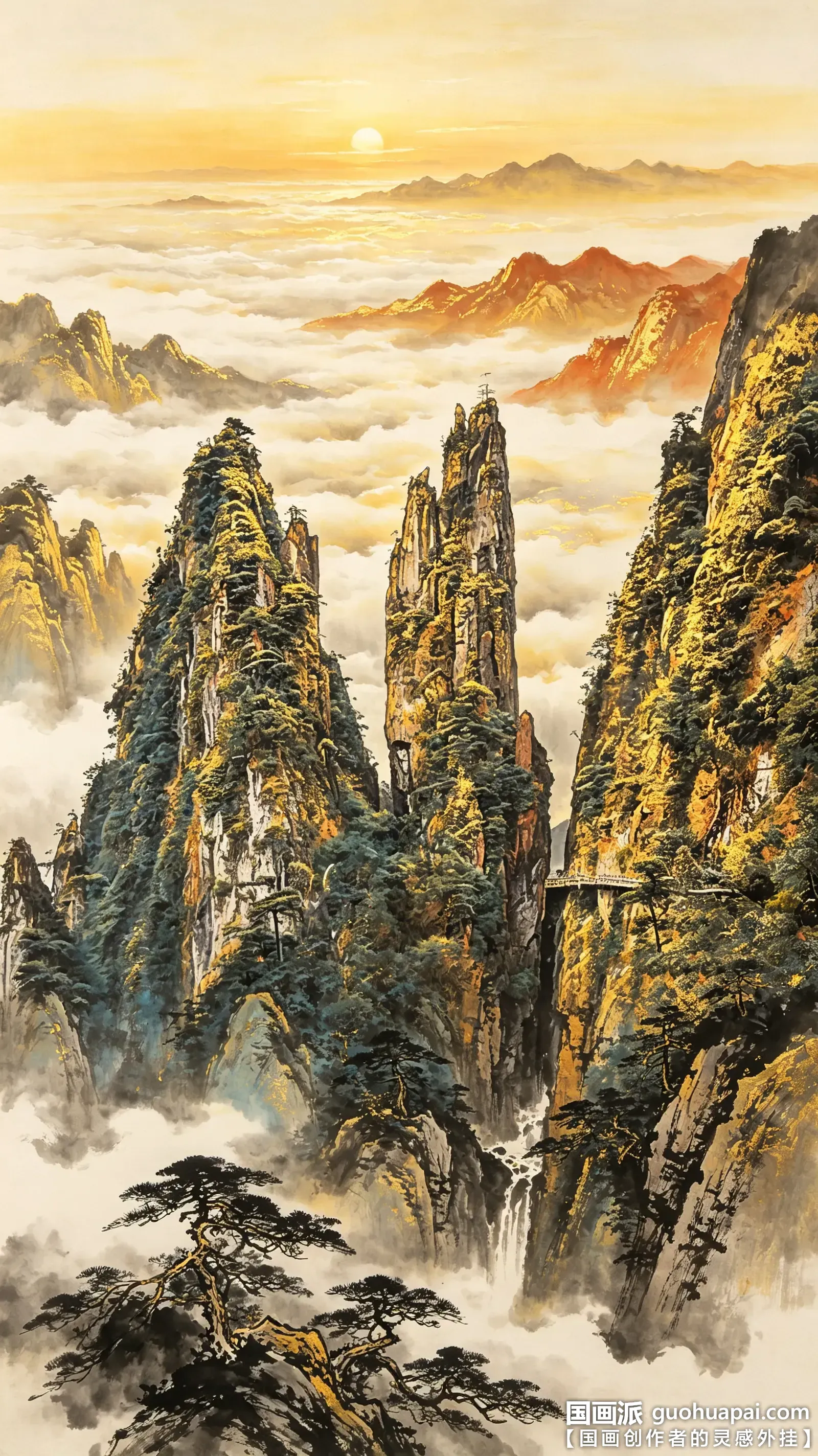 国画黄山-黄山迎客松-黄山云海-水墨画-重彩山水画-金碧山水-竖版