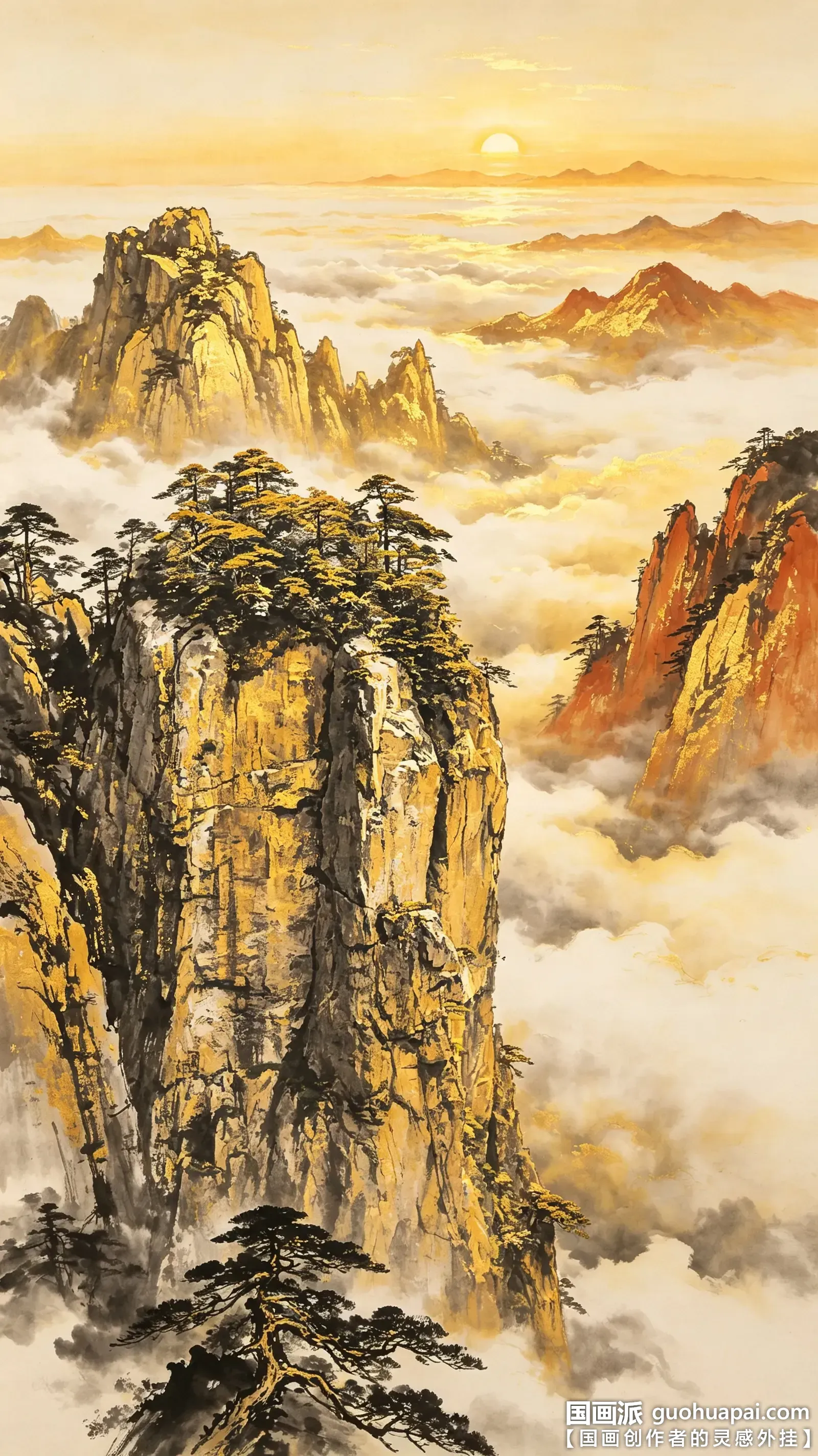 国画黄山-黄山迎客松-黄山云海-水墨画-重彩山水画-金碧山水-竖版