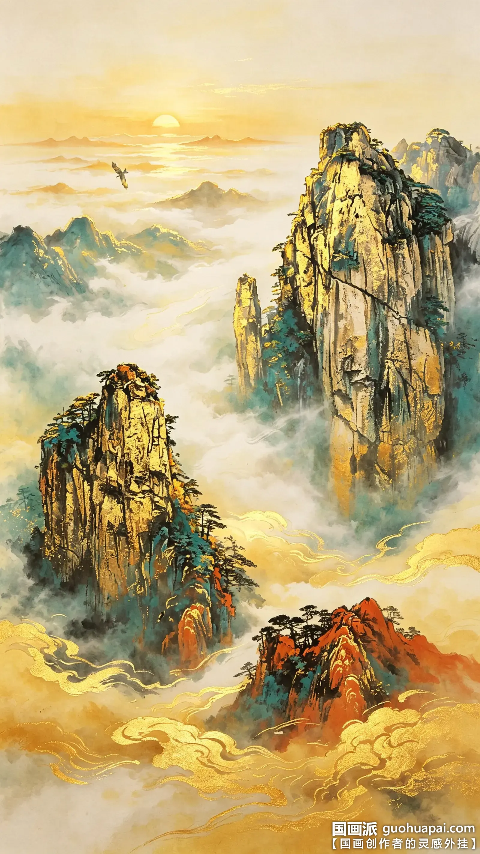 国画黄山-黄山迎客松-黄山云海-水墨画-重彩山水画-金碧山水-竖版